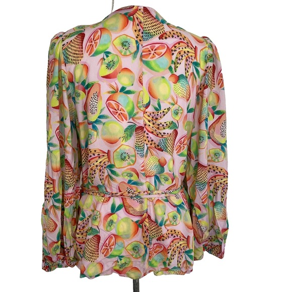 Farm Rio Wrap Blouse Womens XL Pink Rainforest Print Colorful summery Fairy Comf - Picture 6 of 16